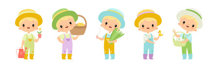 Adorable Little Boy Farmer Work in Garden Vector Setのイラスト素材