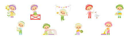 Adorable Little Boy Farmer Work in Garden Vector Setのイラスト素材