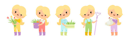 Adorable Little Girl Farmer Work in Garden Vector Setのイラスト素材