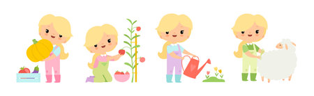 Adorable Little Girl Farmer Work in Garden Vector Setのイラスト素材