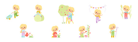 Adorable Little Girl Farmer Work in Garden Vector Setのイラスト素材