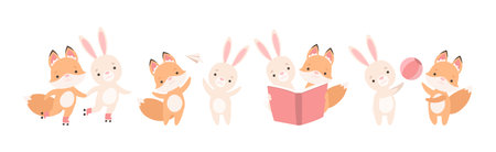 Pretty Little Bunny and Fox Cub Playing Together as Best Friends Vector Setのイラスト素材