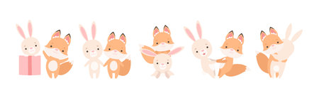 Pretty Little Bunny and Fox Cub Playing Together as Best Friends Vector Setのイラスト素材