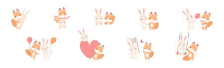Pretty Little Bunny and Fox Cub Playing Together as Best Friends Vector Setのイラスト素材