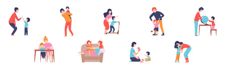 Mom, Dad and Little Kid Spending Time Together Vector Setのイラスト素材