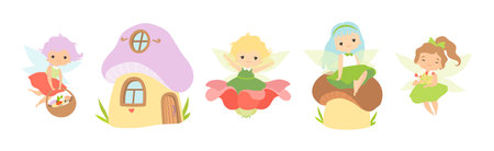 Cute Fairy Character in Pretty Dress with Wings Vector Setのイラスト素材