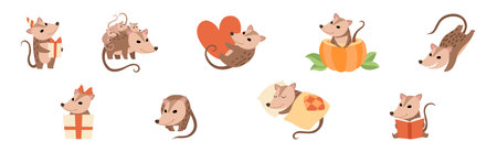 Cute Opossum Animal with Tail in Various Pose Vector Setのイラスト素材
