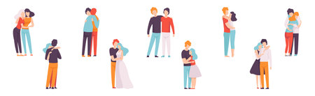 People Character Hugging and Embrace Feel Warmth Vector Setのイラスト素材