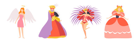 Carnival with People Character Dressed in Masquerade Costume Vector Setのイラスト素材