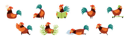 Funny Rooster or Cockerel Character in Different Pose Vector Setのイラスト素材