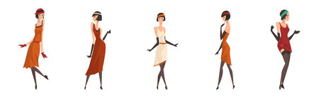 Woman Character Wearing Vintage Clothing in Standing Pose Vector Setのイラスト素材