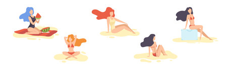 Young Woman at Sea Shore Sunbathing and Enjoying Summer Vector Setのイラスト素材