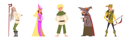 Medieval People Character in Standing Pose Vector Illustration Setのイラスト素材