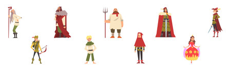 Medieval People Character in Standing Pose Vector Illustration Setのイラスト素材