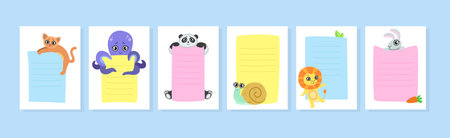 Cute Animals Holding Blank Banner Template for Diary Vector Setのイラスト素材