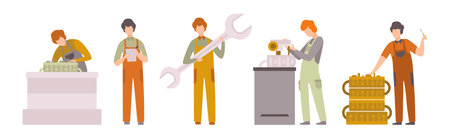 Car Service Man Worker Character Repair and Fix Engine Vector Setのイラスト素材