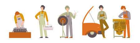 Car Service Man Worker Character Repair and Fix Engine Vector Setのイラスト素材