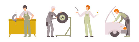 Car Service Man Worker Character Repair and Fix Engine Vector Setのイラスト素材