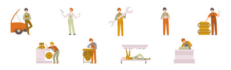 Car Service Man Worker Character Repair and Fix Engine Vector Setのイラスト素材