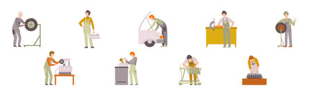 Car Service Man Worker Character Repair and Fix Engine Vector Setのイラスト素材