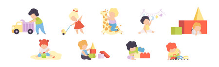 Baby Boy and Girl Playing Toys in Nursery Vector Setのイラスト素材