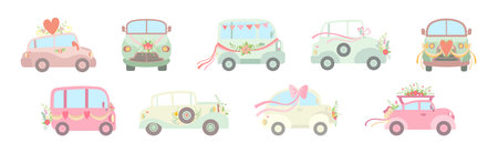 Wedding Car Transport with Flower Bouquet, Ribbon and Heart Vector Setのイラスト素材