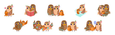 Happy Owl Family with Father, Mother and Baby Vector Setのイラスト素材