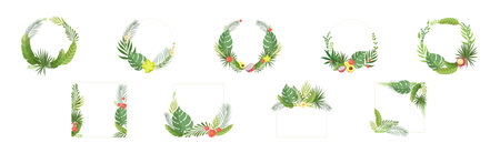 Summer Tropical Leaf and Foliage Frame Vector Setのイラスト素材