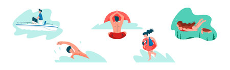 People Character on Beach in Summer Enjoy Outdoor Activity Vector Setのイラスト素材