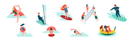 People Character on Beach in Summer Enjoy Outdoor Activity Vector Setのイラスト素材