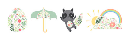 Animal with Floral Ornament as Spring Season Vector Setのイラスト素材