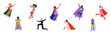 Strong Girl in Heroine Costume with Cloak Vector Setのイラスト素材