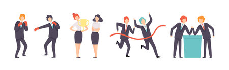 Man and Woman Business Worker Character Engaged in Professional Career Competition Vector Setのイラスト素材