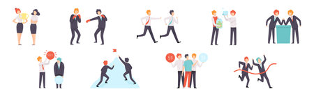 Man and Woman Business Worker Character Engaged in Professional Career Competition Vector Setのイラスト素材