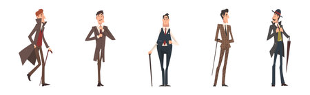 Victorian Gentleman in Elegant Suit with Respectful Manner Standing Vector Setのイラスト素材