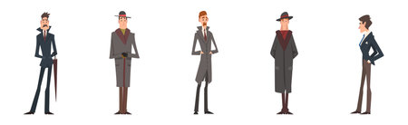 Victorian Gentleman in Elegant Suit with Respectful Manner Standing Vector Setのイラスト素材