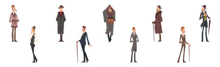 Victorian Gentleman in Elegant Suit with Respectful Manner Standing Vector Setのイラスト素材