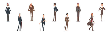 Victorian Gentleman in Elegant Suit with Respectful Manner Standing Vector Setのイラスト素材