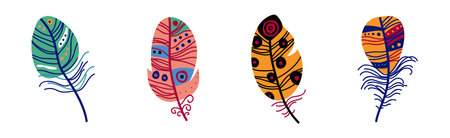 Colorful Fluffy Feather and Plume of Bird Vector Setのイラスト素材