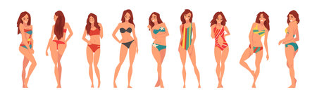 Young Woman in Swimsuit Having Slim Body Standing and Posing Vector Setのイラスト素材