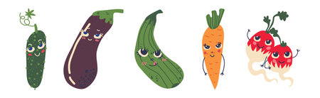 Different Cute Vegetable Character with Smiling Face Vector Setのイラスト素材