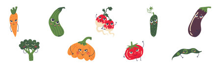 Different Cute Vegetable Character with Smiling Face Vector Setのイラスト素材