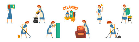 Young Woman in Apron Cleaning and Washing Vector Setのイラスト素材
