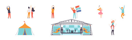 Man and Woman at Open Air Music Festival with Stage Vector Setのイラスト素材