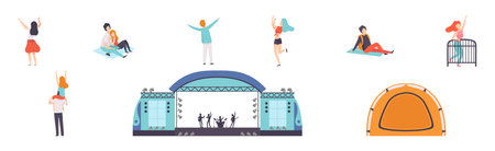 Man and Woman at Open Air Music Festival with Stage Vector Setのイラスト素材