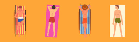 Man Sunbathing on Sandy Beach Lying on Blanket Top View Vector Setのイラスト素材