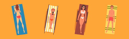 Man and Woman Sunbathing on Sandy Beach Lying on Blanket Top View Vector Setのイラスト素材