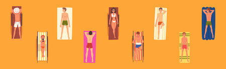 Man and Woman Sunbathing on Sandy Beach Lying on Blanket Top View Vector Setのイラスト素材