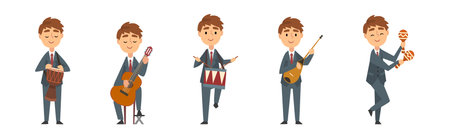 Man in Suit Playing Musical Instrument on Stage Vector Setのイラスト素材