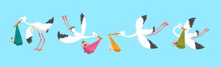Flying Stork Bird Carrying Baby in Wrap Vector Setのイラスト素材